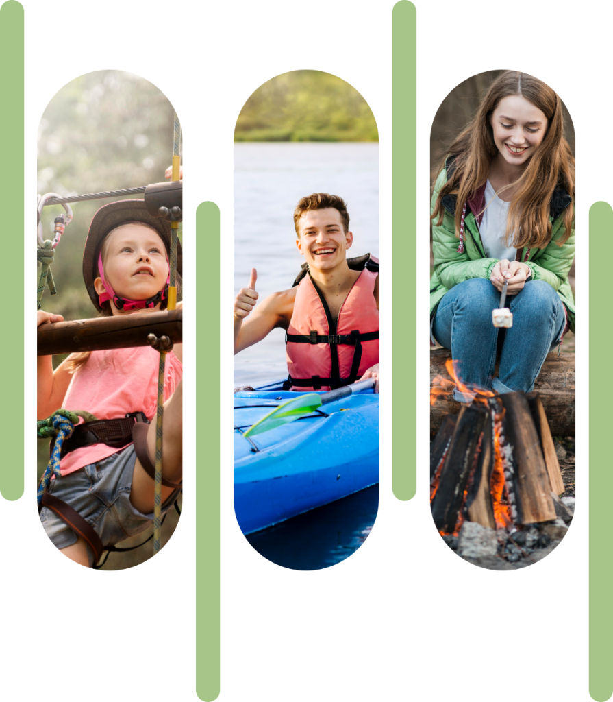Banner com 3 imagens de jovens no acampamento de verão